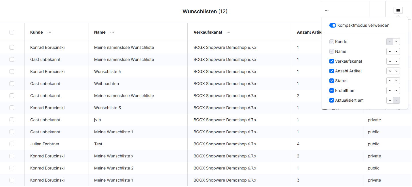Administration: Wunschlisten Übersicht