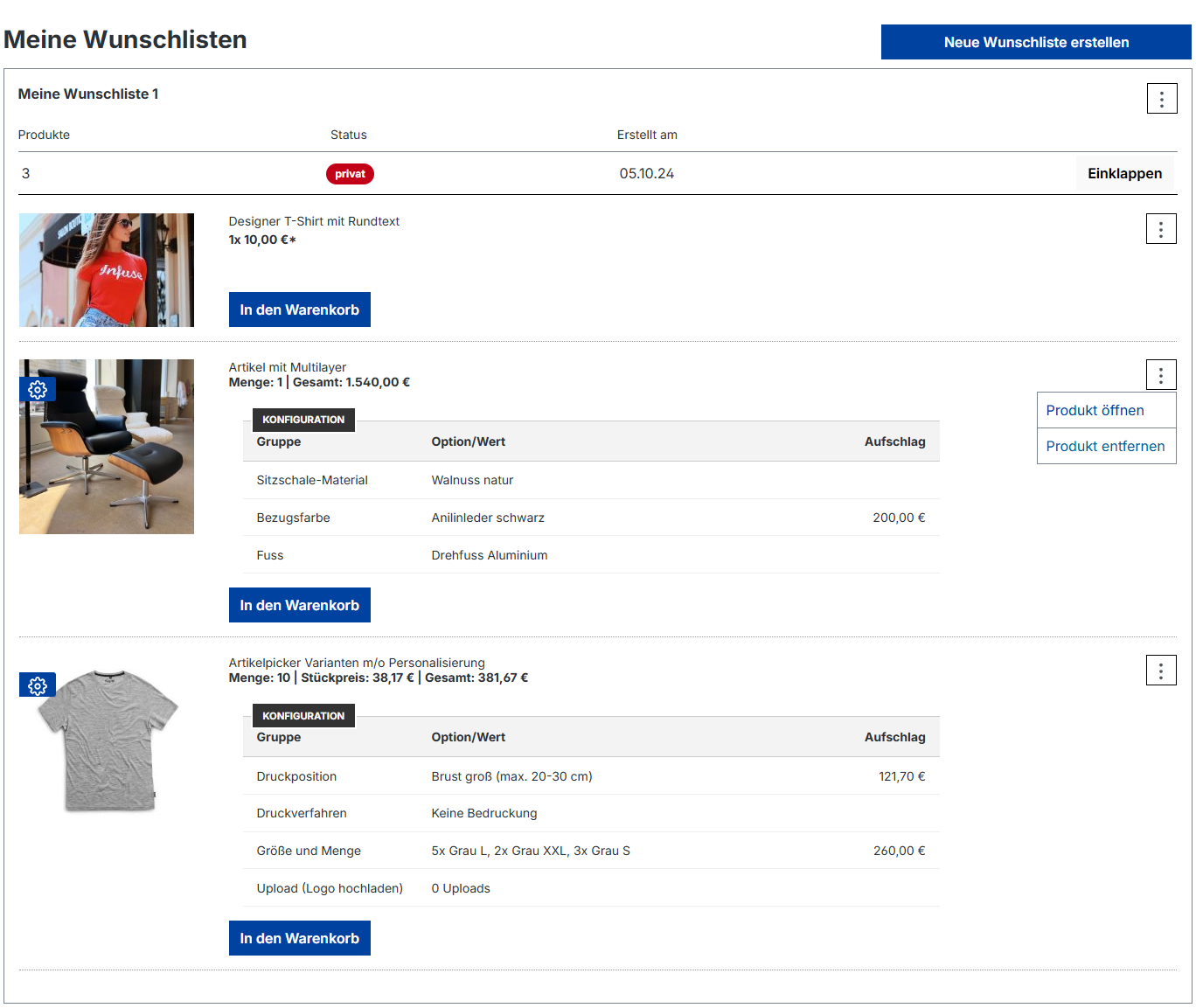 Storefront: Wunschliste und Produkt Konfiguration Daten