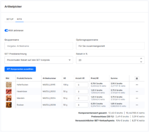 KitX Verwaltung mit Komponenten, Mengen, Einzelpreisen und SET-Preisvorschau