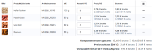 Automatische Berechnung von Komponentenwert, Preisnachlass und SET-Verkaufspreis