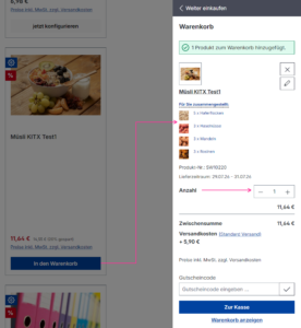 KitX Warenkorbposition mit Komponentenübersicht und nativer Shopware-Bestellmenge