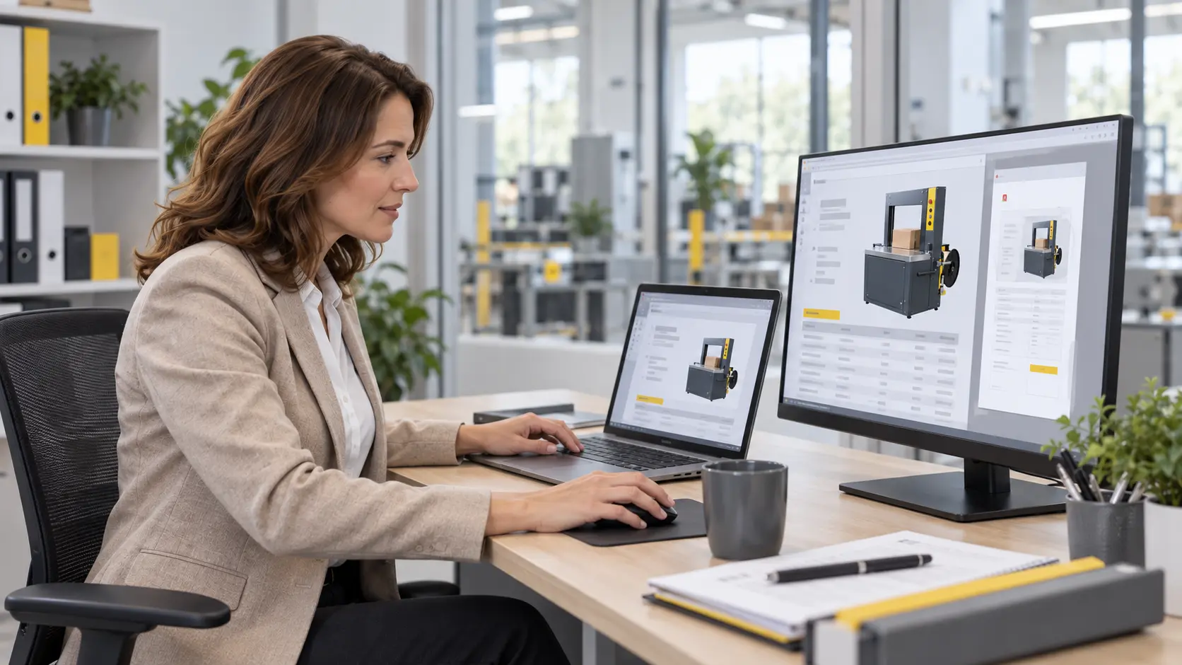 Eine Kundin stellt an ihrem Arbeitsplatz eine Anfrage für eine Industriemaschine im Online-Shop.