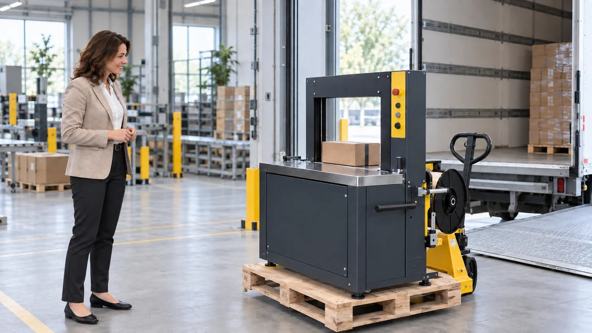 Die Kundin steht zufrieden neben der angelieferten Industriemaschine in ihrem Betrieb.