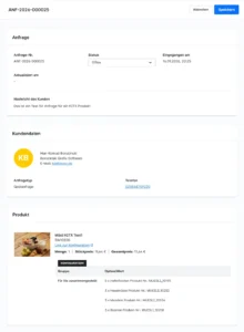 Detailansicht einer Bogx Conversion Anfrage mit Produkt und Konfigurationsoptionen